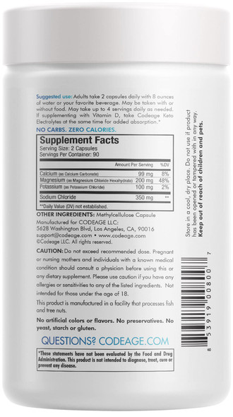 Codeage Keto Electrolytes Supplement  Vegan Electrolyte Tablets w Magnesium, Potassium, Calcium & Salt - Electrolyte Powder Salt Pills & Drink Hydration Supplements  Non-GMO, Keto Diet -180 Capsules