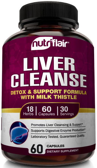 NutriFlair Liver Cleanse, Detox & Support with Milk Thistle Detoxifier and Regenerator, 60 Veggie Capsules (packaging may vary)