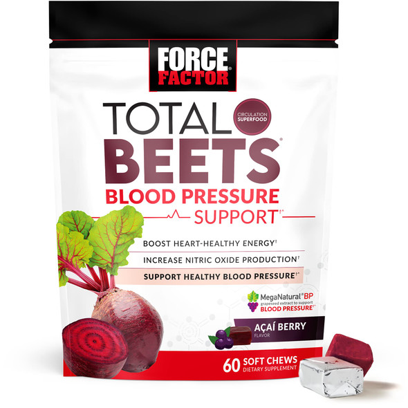 Total Beets  Pressure Support Supplements with Beet Powder, Great-Tasting Beets Chewables for Heart-Healthy Energy, and Increased Nitric Oxide, Force Factor, 60 Chews