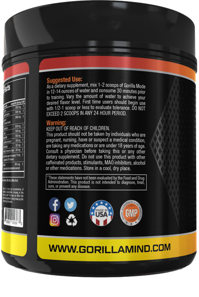 Gorilla Mode Pre Workout - Massive  · Laser Focus · Energy · Power - L-Citrulline, Creatine, GlycerPump„, L-Tyrosine, Agmatine, Kanna, N-Phenethyl Dimethylamine Citrate - 574 Grams (Bombsicle)