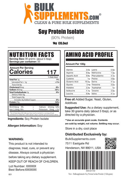 BulkSupplements Soy Protein Isolate Powder - Unflavored, No  Added, , Vegetarian & Vegan Protein Powder - 27g of Protein - 30g  (1 Kilogram - 2.2 lbs)