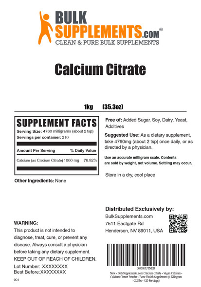 BulkSupplements Calcium Citrate Powder - Calcium Supplements for Bone Health - Unflavored - 4760mg (1000mg of Calcium) , 210 Servings (1 Kilogram - 2.2 lbs)