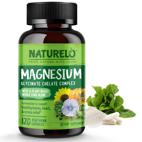 NATURELO Magnesium Glycinate Chelate Complex - 200 mg Magnesium with Organic Vegetables to Support Sleep, Calm, Muscle Cramp &  Relief  , Non GMO - 120 Capsules