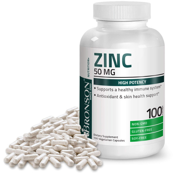 Bronson Zinc 50mg Complex (Zinc Oxide 50% & Zinc Picolinate 50%) High Potency Immune Support Supplement & Antioxidant and Skin Health - Non GMO, 100 Vegetarian Capsules