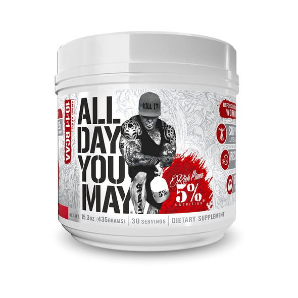 5% Nutrition Rich Piana AllDayYouMay BCAA Powder | Premium Intra & Post Workout Amino s, EAA, Electrolytes | Hydration, Endurance, Recovery | Vegan & Keto | 15.3 oz, 30 Srvgs ( Punch)