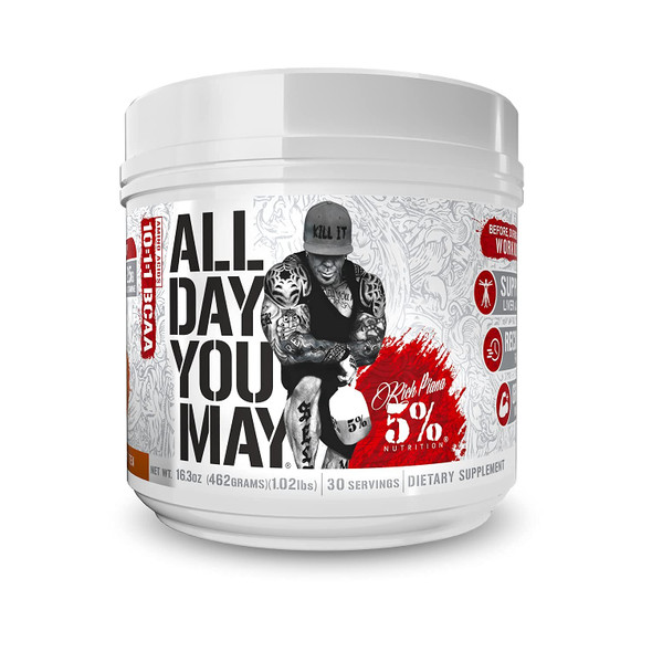 5% Nutrition Rich Piana AllDayYouMay BCAA Powder | Premium Intra & Post Workout Amino s, EAA, Electrolytes | Hydration, Endurance, Recovery | Vegan & Keto | 16.3 oz, 30 Srvgs (Southern Sweet Tea)