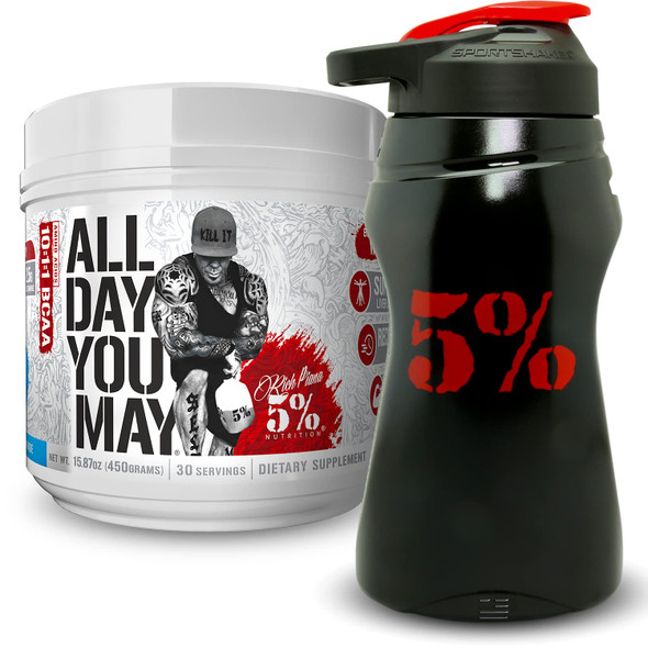 5% Nutrition Rich Piana AllDayYouMay BCAA Powder + Half Gallon Water Bottle with Handle (Bundle) | Premium Intra & Post Workout Amino s ( Punch)