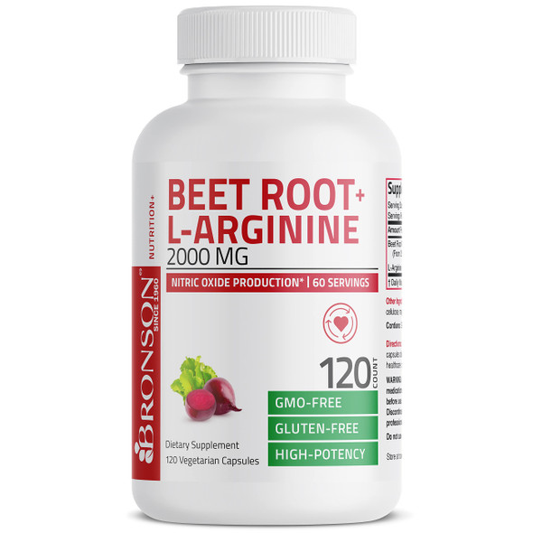 Bronson Beet Root + L-Arginine 2000 MG Nitric Oxide Production- Non-GMO, 120 Vegetarian Capsules (60 Servings)