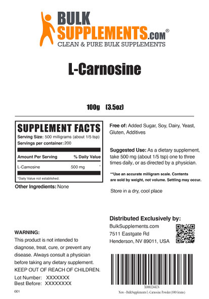 BulkSupplements L-Carnosine Powder Eye Supplement - Nerve Support - Amino for Brain (100 Grams - 3.5 oz)