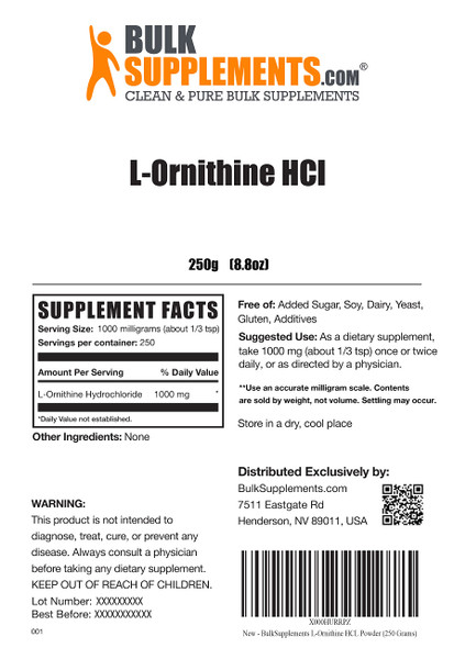 BulkSupplements L-Ornithine  Powder - Amino  Supplement for Protein Synthesis -  - 1g (1000mg) , 250 Servings (250 Grams - 8.8 oz)