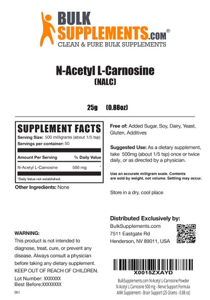 BulkSupplements N-Acetyl L-Carnosine Powder - Nerve Support - Brain Support (25 Grams - 0.88 oz)