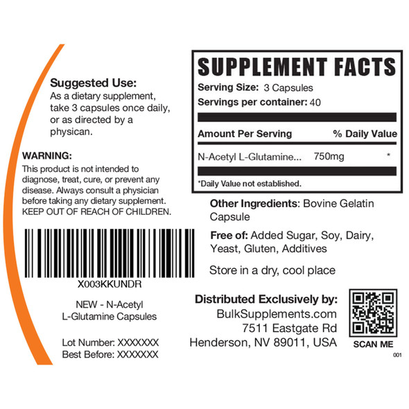 BulkSupplements N-Acetyl L-Glutamine Capsules - Glutamine Supplement - L-Glutamine Nutritional Supplements - L Glutamine Pills - 3 Glutamine Capsules s, 40-Day Supply (120 Capsules)