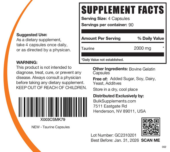 BulkSupplements Taurine Capsules - Taurine Supplement, Amino  Supplement - 4 Taurine 500mg Capsules  (2000mg), Taurine Pills - 90-Day Supply (360 Capsules)