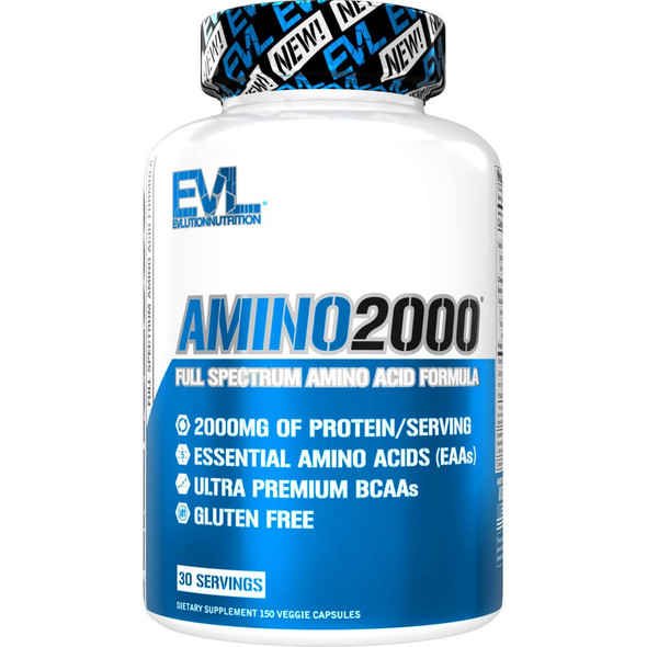 Evlution Nutrition Amino 2000 Capsules - 2 Grams of Amino s Essential for Performance, Recovery, Endurance, Muscle Building, Keto Friendly, No , No Stimulants (30 Servings)