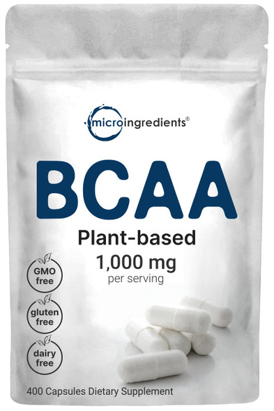 Plant Based BCAA Supplement, BCAA 1000mg, 400 Capsules (6 Months Supply), 3 in 1 Formula, Optimized Balance, Instantized for Better Absorption, BCAA Pre Workout Supplement, BCAA Energy Pills