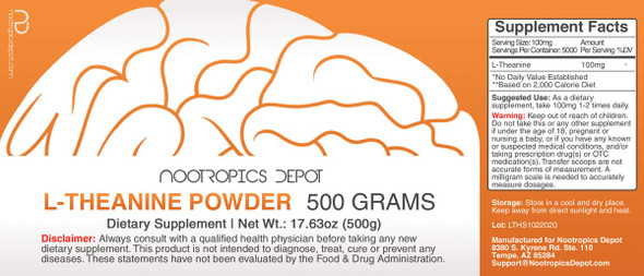 L-Theanine Powder 500 Grams | Promotes Relaxation | Supports Healthy  Levels + Sleep Cycles | Promotes Cognitive Function + Focus | Amino  Supplement