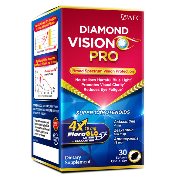 AFC Japan Diamond Vision PRO 4X - Vision Formula with FloraGLO Lutein 4X, Zeaxanthin, Astaxanthin & Bilberry Extract for Strain, Fatigue, Blurry & Poor Vision, Dryness, Vision Health, 30 Counts
