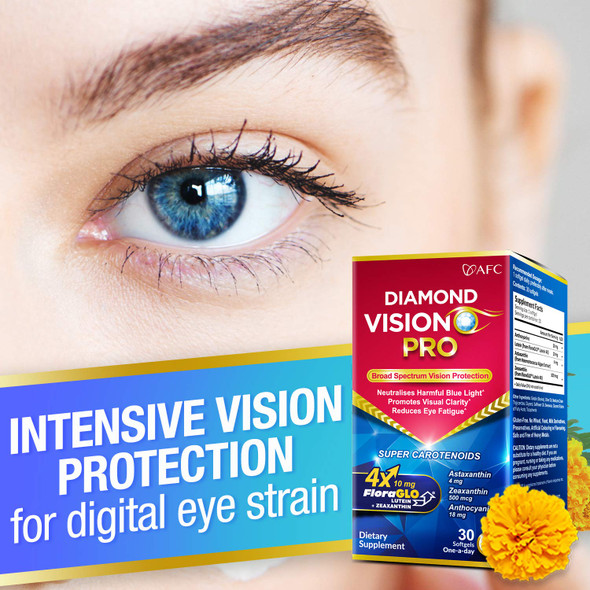 AFC Japan Diamond Vision PRO 4X - Vision Formula with FloraGLO Lutein 4X, Zeaxanthin, Astaxanthin & Bilberry Extract for Strain, Fatigue, Blurry & Poor Vision, Dryness, Vision Health, 30 Counts