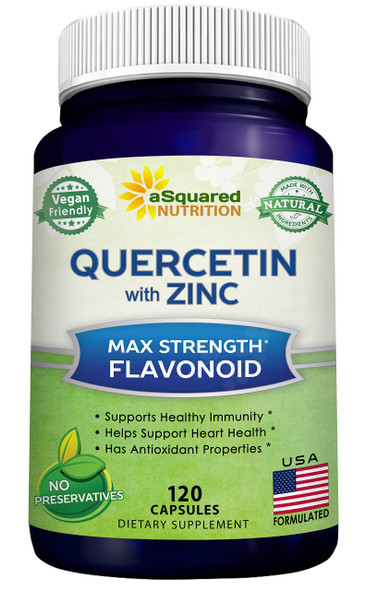 aSquared Nutrition Quercetin 1000mg with Zinc Supplement - 120 Capsules - Quercetin Dihydrate with Black Elderberry & Zinc - Max Strength Powder Complex Pills to Help Improve Immune Response