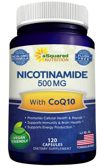 Nicotinamide with  (120 Capsules) - Vitamin B3 500mg (Niacinamide Flush Free) -  Q10 Powder - VIT B-3 & Coq 10 Supplement Pills to Support Energy, NAD, & Skin Cell Health