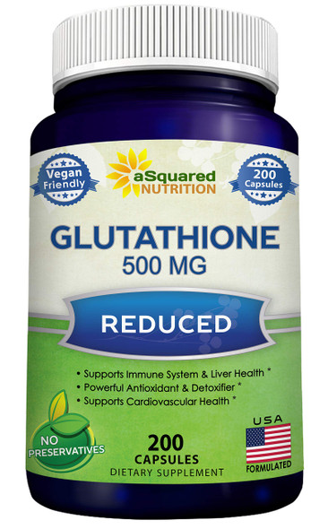 Reduced Glutathione 500mg  Supplement - 200 Capsules - L-Glutathione Antioxidant to Support Liver Health & Detox - Max Strength L Glutathione Powder Pills to Help Immune & Brain Function