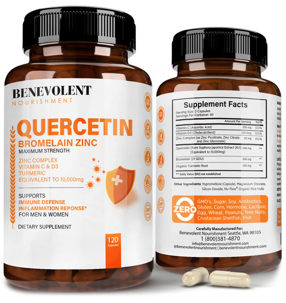 20:1 Quercetin 500mg with Bromelain, Zinc Complex 50mg, Vitamin C & D, Turmeric [Equivalent to 10,800 mg] - Supports Immune defense, Respiratory & Sinus Health, Anti-Inflammatory -120 Non GMO Capsules