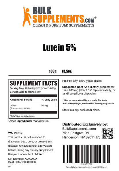 BulkSupplements Lutein 5% Powder - Eye Health Supplements for  - Vision Supplements - Vegan Lutein - Lutein 20mg - Vision Support (100 Grams - 3.5 oz)