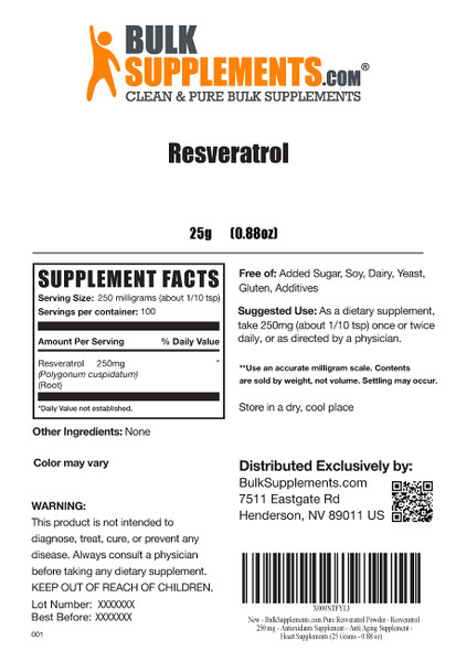BulkSupplements Resveratrol Powder - Antioxidants Supplement, Sourced from Polygonum cuspidatum Root -  - 250mg , 100 Servings (25 Grams - 0.88 oz)