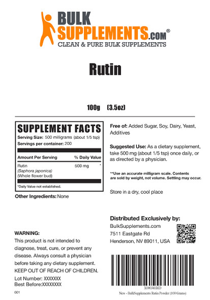 BulkSupplements Rutin Powder - Dietary Supplement, Antioxidants Source - from Sophora Japonica, Soy Free - 500mg , 200 Servings (100 Grams - 3.5 oz)