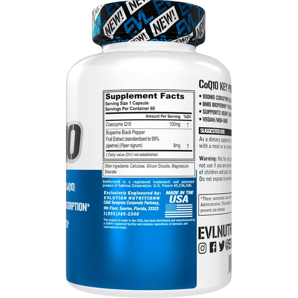 EVL High Absorption  100mg - Advanced Antioxidant  Q10 Supplement for Health Brain Support Energy Production and Healthy Aging -  with Bioperine Health Supplement