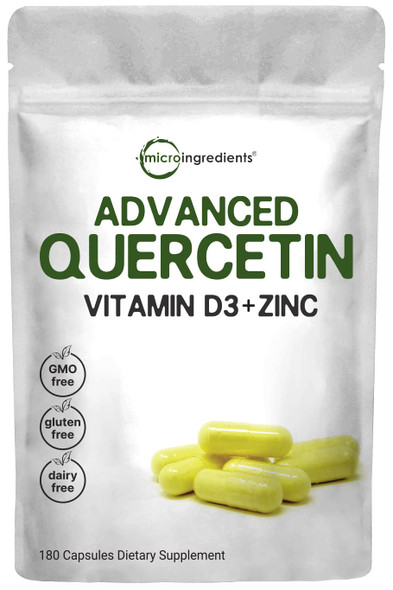 Micro Ingredients Quercetin 1000mg with Zinc 50mg and Vitamin D3 5000 IU, 180 Capsules, Zinc Quercetin with Vitamin D, Immune Support, 3 in 1 Formula, Non-GMO, No Gluten