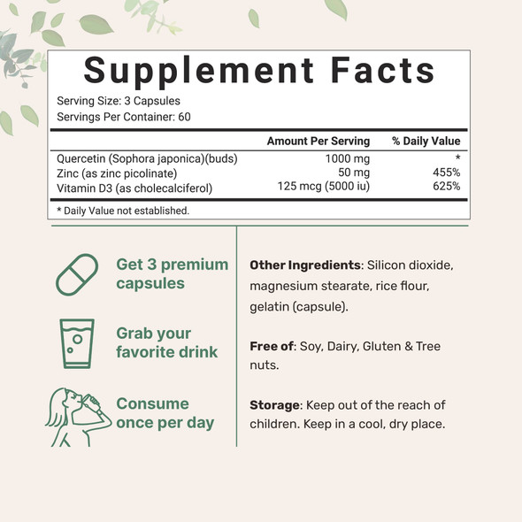 Micro Ingredients Quercetin 1000mg with Zinc 50mg and Vitamin D3 5000 IU, 180 Capsules, Zinc Quercetin with Vitamin D, Immune Support, 3 in 1 Formula, Non-GMO, No Gluten