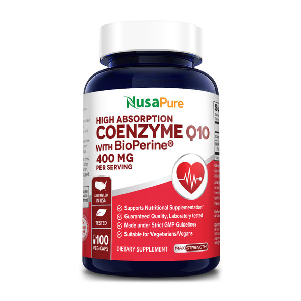 NusaPure  400 mg 100 Veggie Caps (Vegan, Non-GMO & Gluten-Free)  Q10 Supplement, Antioxidant COQ-10 Enzyme, Coq 10 -  2 Daily Caps