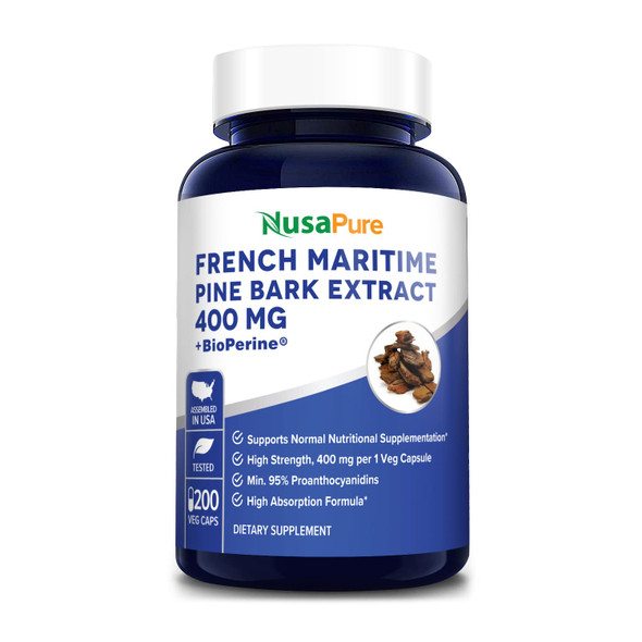 NusaPure French Maritime Pine Bark Extract 400mg per Veggie Caps 200-Day Supply with Bioperine (Non-GMO & )