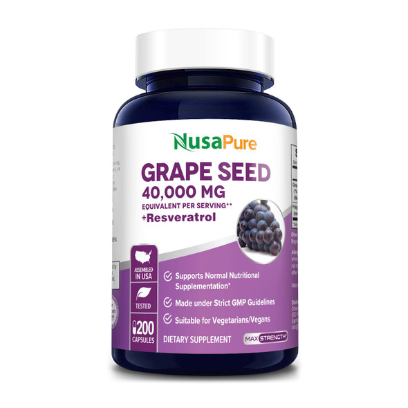 NusaPure Grape Seed Extract 40,000mg per Caps, 200 Vegan Capsules | Standardized, Non-GMO,  with Resveratrol