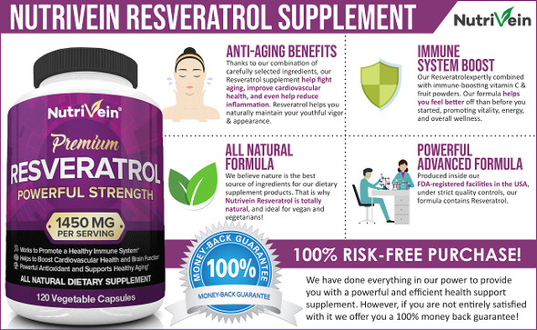 Nutrivein Resveratrol 1450mg - Antioxidant Supplement 120 Capsules € Supports Healthy Aging and Promotes Immune, Brain Boost and Joint Support - Made with -Resveratrol, Green Tea Leaf, Acai Berry