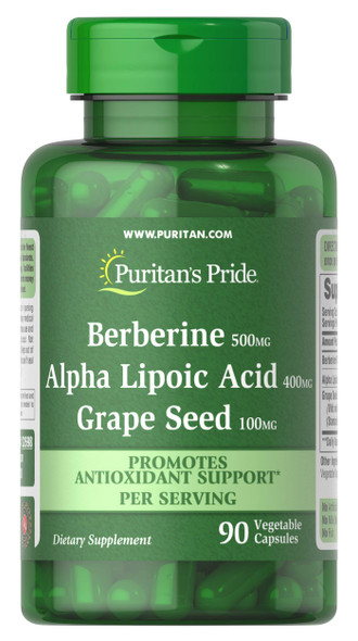 Puritans Pride Berberine, Alpha Lipoic  & Grape Seed, Promotes Antioxidant Support, 90 Vegetable Capsules