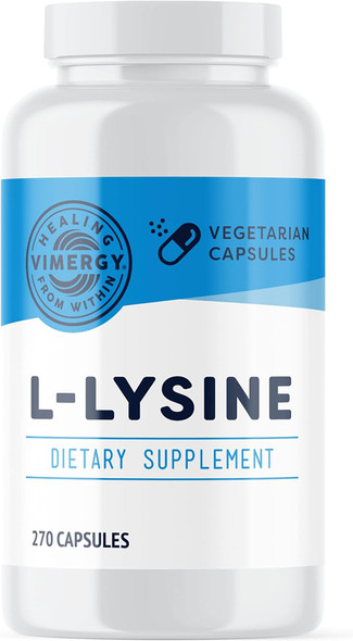 Vimergy L-Lysine 500MG Capsules, 270 Servings  Essential Amino Acid  Supports Immune System, Healthy Skin, Muscles, Bone & Tissue  Vegetarian, Non-GMO, No Gluten, Kosher (270 Count)