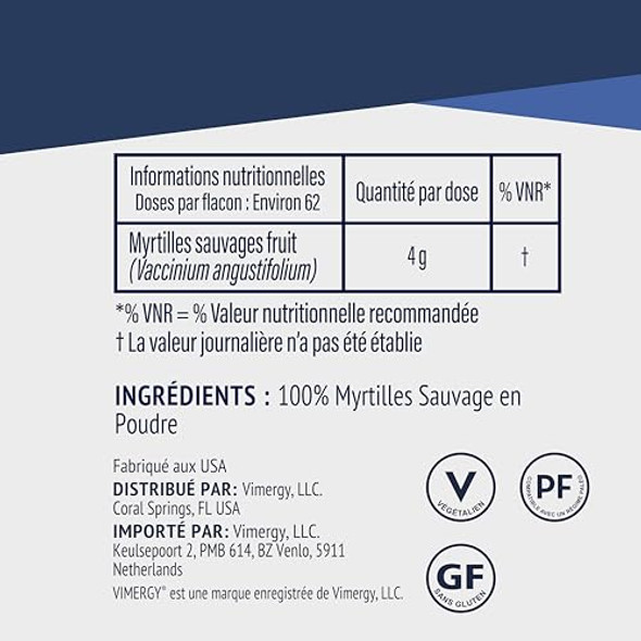 Vimergy USDA Organic Wild Blueberry Supplement Powder 62 Servings  Natural Wild Blueberries - Fruit Powder for Smoothies Juices Fruit Bowls  Low-Bush Non-GMO Gluten-Free Vegan Paleo (250g)