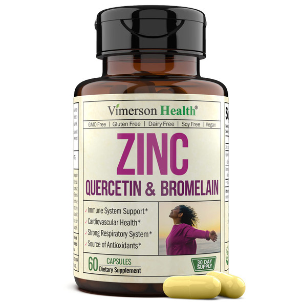 Zinc Quercetin Bromelain Supplement - Immune, Respiratory and Antioxidant Support. Cardiovascular Health - 100% Vegan, Non-GMO, , Dairy Free & Soy Free - 60 Capsules for One Month Supply