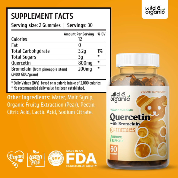 Wild & Organic Quercetin with Bromelain Gummies - Bromelain Quercetin Supplement for Immunity & Respiratory Function - Quercetin and Bromelain Gummy - 60 Pear-Flavored Chews