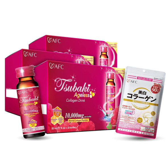 AFC Japan Tsubaki Ageless Beauty Collagen Drink 3 Boxes + Collagen White Beauty, Marine Collagen Peptide, Royal Jelly, Hyaluronic , Glutathione, for Skin Revitalization, Firmness & Whitening