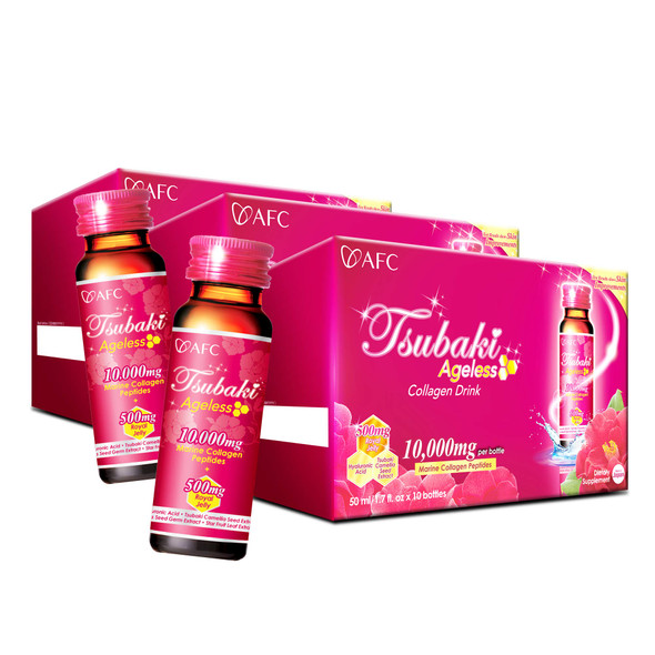AFC Japan Tsubaki Ageless Beauty Collagen Drink from Japan with 10,000mg Marine Collagen Peptides + 500mg Royal Jelly + Hyaluronic  + Vitamin Bs & C for Skin Revitalization (1.69fl.ozx10sx3)