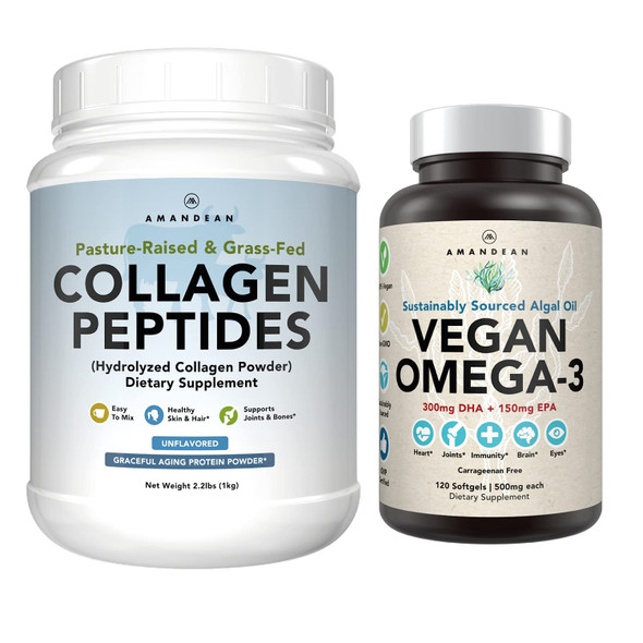 Healthy Skin & Joints Bundle - Premium Vegan Omega-3 (120 Capsules) from Marine Algae + Grass-Fed Collagen Peptides Powder (1kg - 100 Servings) Non-GMO. Radiant Skin, Joints, Bones & Graceful Aging