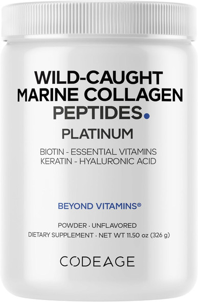 Codeage Marine Collagen Protein Powder Supplement Biotin 10,000 mcg Vitamin C D3 & B6 Keratin Hyaluronic  Niacin Wild Caught Hydrolyzed Fish Collagen Peptides Hair, Skin, Joints 11.50 oz