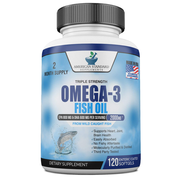American Standard Supplements Triple Strength Omega-3 Fish Oil  Ultra-Potent Non-GMO Omega-3 Supplement  2,000mg Fish Oil, 800mg EPA, 600mg  for Improved Heart, Joint, Skin Health  120 Softgels