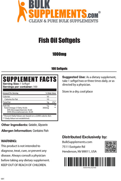 BulkSupplements Fish Oil 1000mg Softgels - Fish Oil Supplement - Fish Oil Omega 3 Supplement - Fish Oil Pills - 1 Fish Oil Softgels  (1000mg) - 100-Day Supply (100 Softgels)