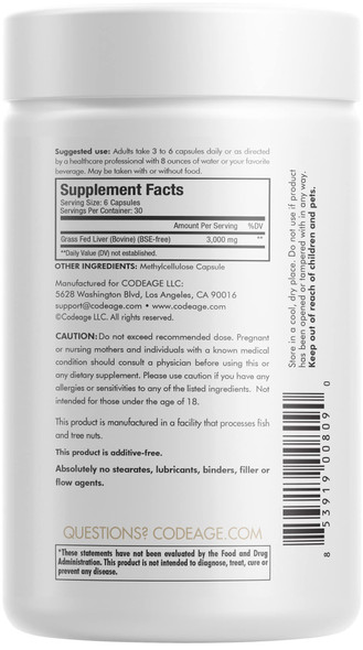 Codeage Grass Fed Beef Liver Supplement - Freeze Dried, Non-Defatted, Desiccated Beef Liver Glandulars Bovine Pills Liver Health Foods Meat  Argentina Beef Vitamins For Liver - Non-GMO -180 Capsules