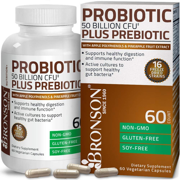 Bronson Probiotic 50 Billion CFU + Prebiotic with Apple Polyphenols & Pineapple  Extract + Bronson Vitamin C Powder Pure Ascorbic  Soluble Fine Non GMO Crystals