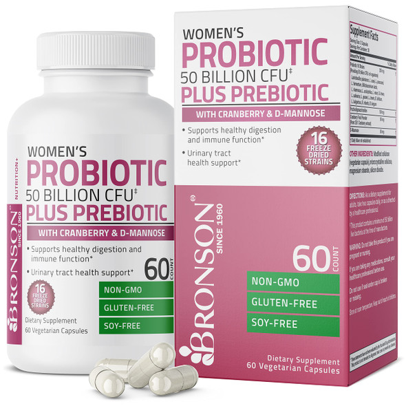 Bronson Women's Probiotic 50 Billion CFU + Prebiotic with Cranberry & D-Mannose  Vaginal Health, Healthy Digestion, Immune Function and Urinary Tract Support, Non-GMO, 60 Vegetarian Capsules
